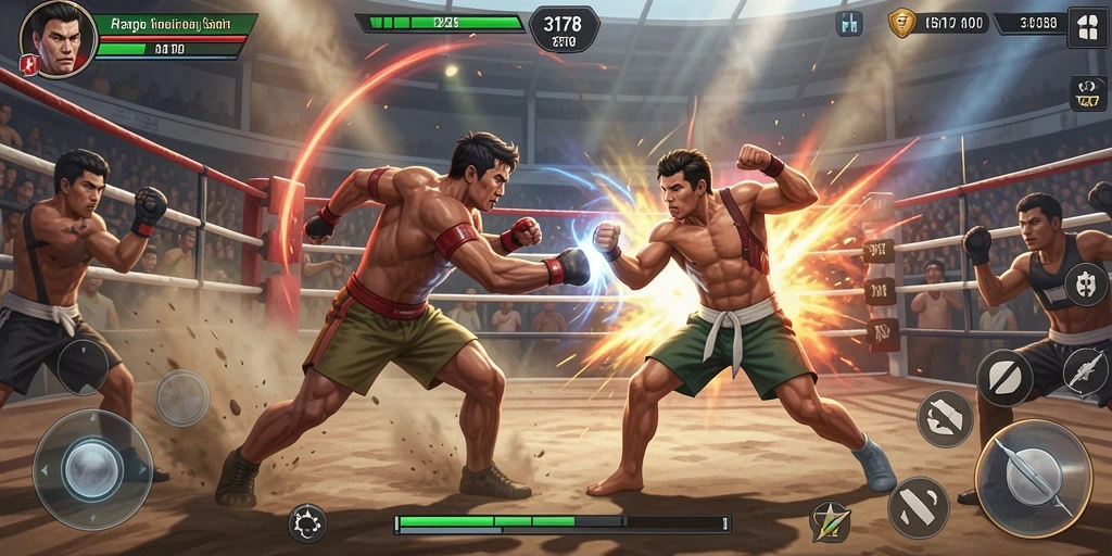Tampilan gameplay mendebarkan dari game Fighting 3178 dengan pertarungan intens.