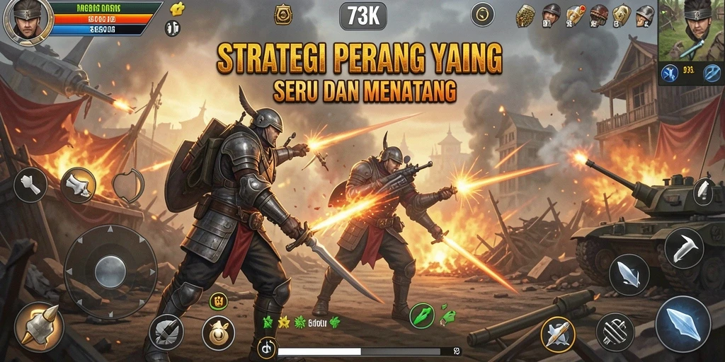 Screenshot game 73K menampilkan pertarungan strategis dalam gameplay.
