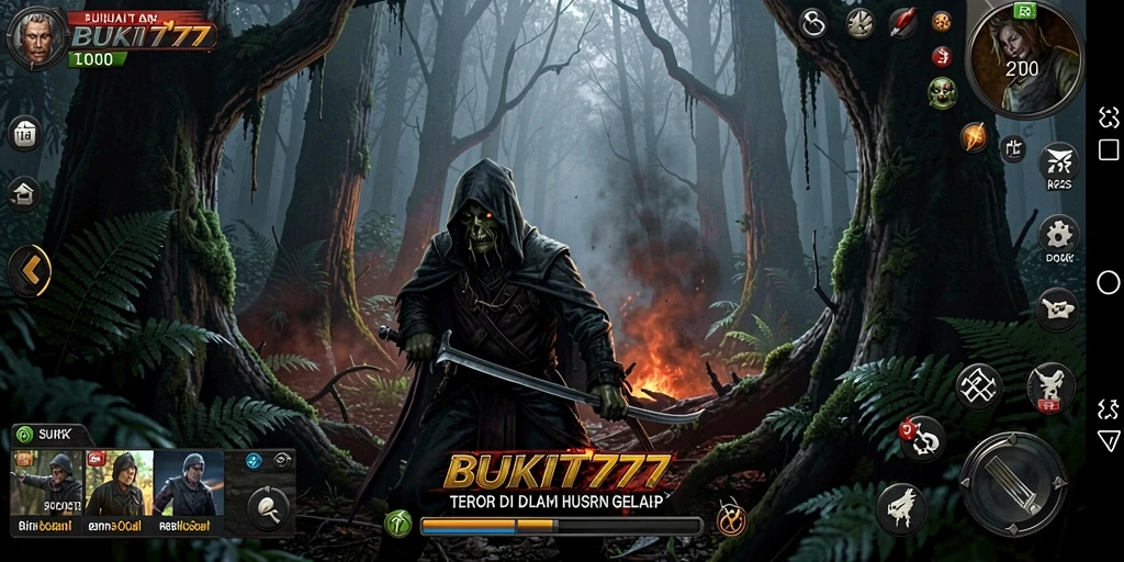 Screenshot gameplay BUKIT777 menampilkan suasana menyeramkan di hutan.