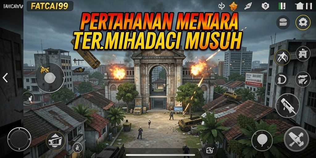 Tangkapan layar gameplay FATCAI99 yang menunjukkan serangan menara melawan musuh.