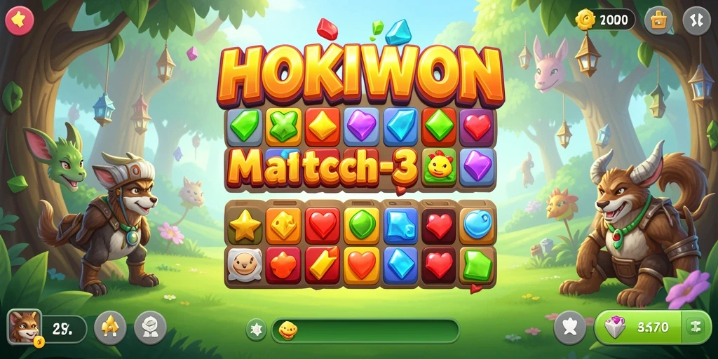 Screenshot gameplay seru HOKIWON dengan kombinasi gem-match yang menantang.