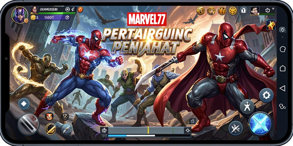 Gameplay MARVEL77 menampilkan pertarungan intens dengan karakter superhero Marvel.