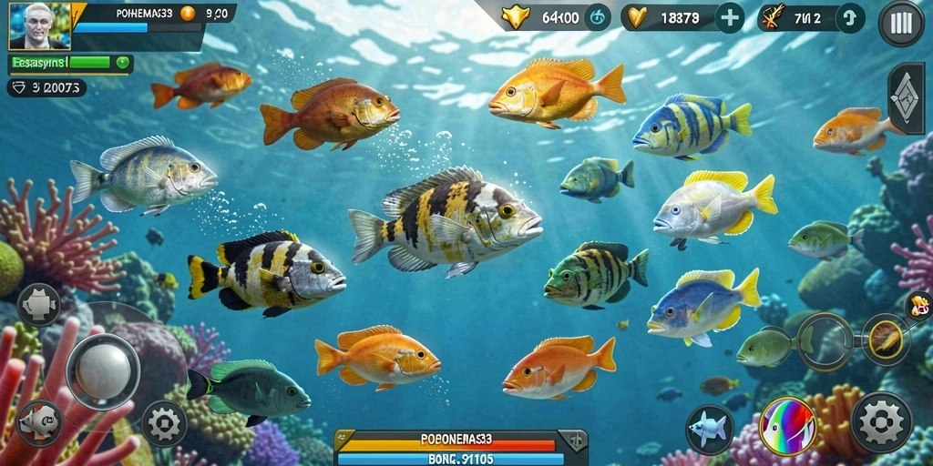 Tangkapan layar gameplay seru di POHONEMAS33 dengan ikan berwarna-warni.