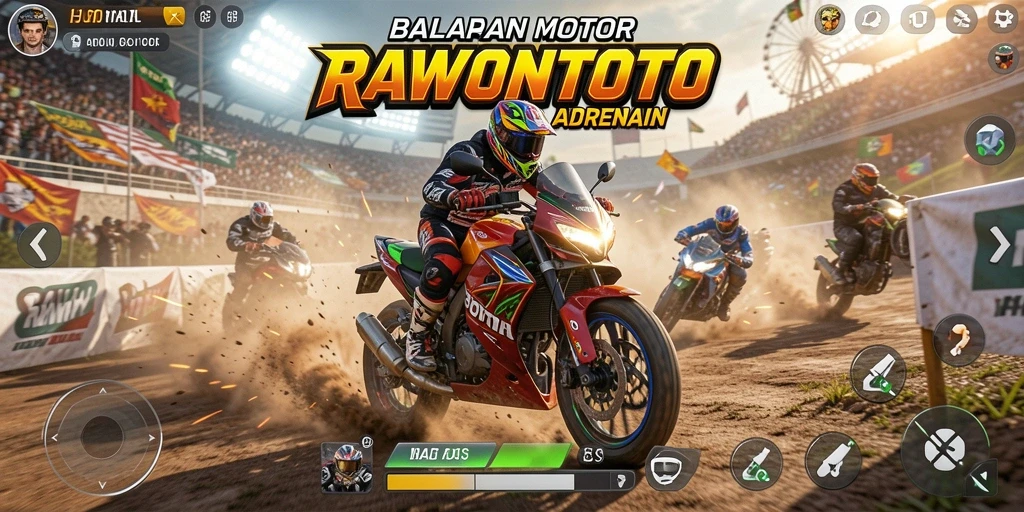 Screenshot menunjukkan aksi balapan motor yang mendebarkan di <strong>RAWONTOTO</strong>.
