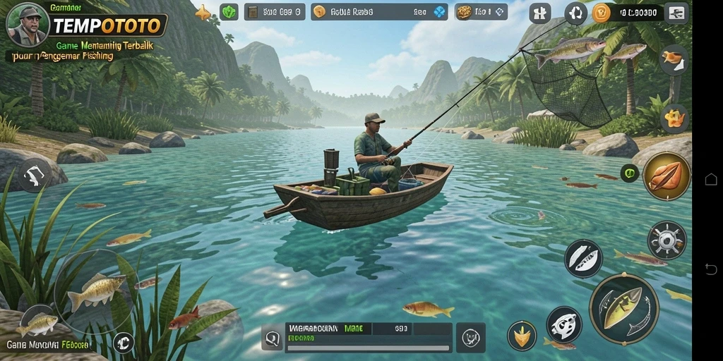 Screenshot gameplay TEMPOTOTO menampilkan momen menangkap ikan dengan latar belakang alam yang indah.